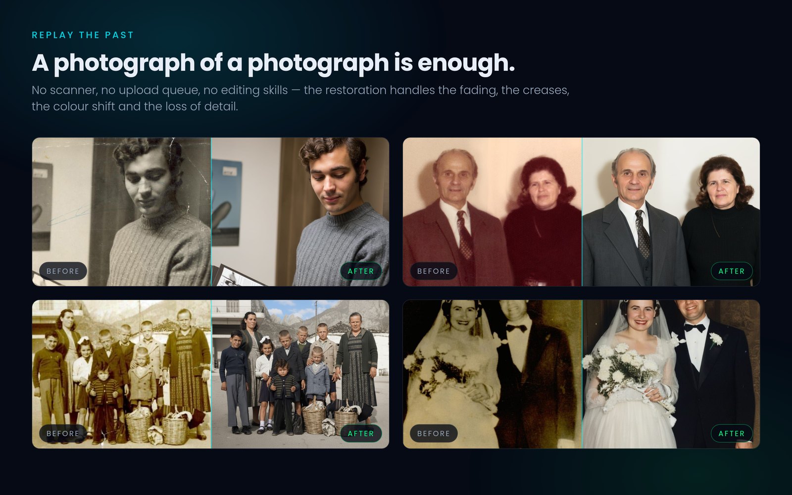 Four before-and-after pairs of restored family photographs