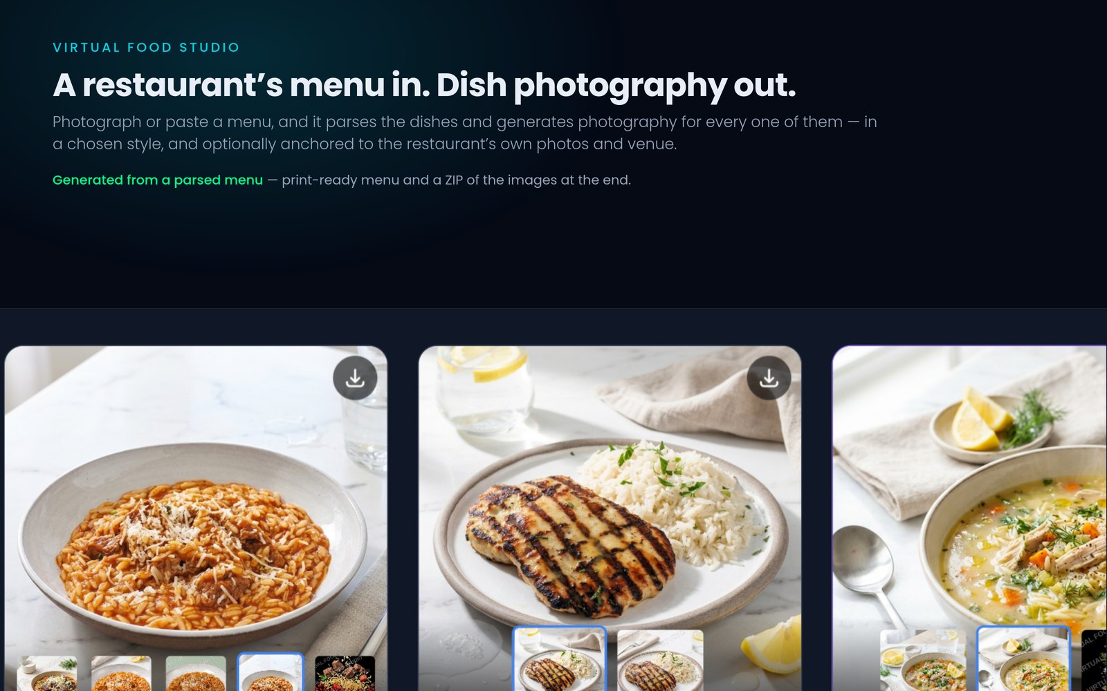 Virtual Food Studio showing generated dish photography produced from a parsed menu